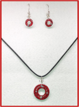 Red Painted Stainless Steel Earring and Pendant Set with Sterling Silver Handmade Earring Wires